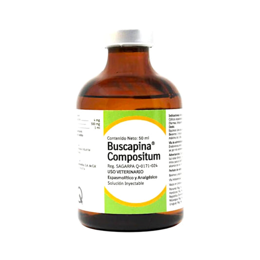 Botella de Buscapina Compositor Inyectable para uso veterinario en perros, caballos, bovinos, cerdos y caprinos, antiespasmódico y analgésico de aplicación intramuscular.