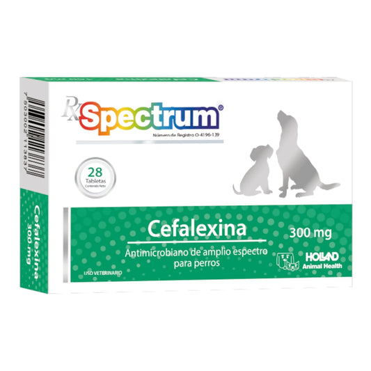 Caja de Rx Spectrum Cefalexina de 300 mg con 28 tabletas, antibiótico oral para el tratamiento de pioderma e infecciones en caninos.