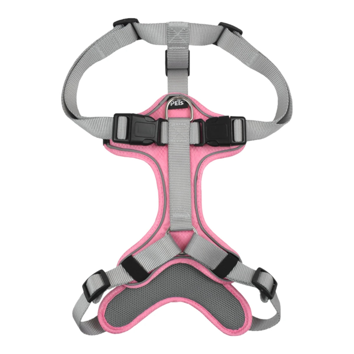 Vista frontal del arnés para perro color rosa destacando su diseño anatómico y la malla acolchada que distribuye la presión en el pecho.