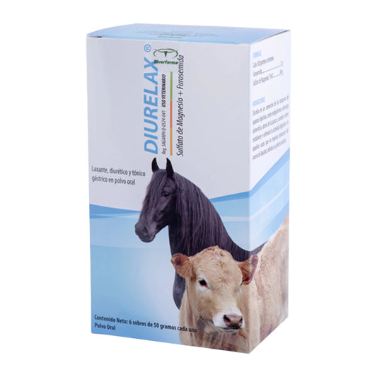 caja Diurelax en polvo, laxante y diurético oral para animales de granja en presentación en 6 sobres de 50 gramos.