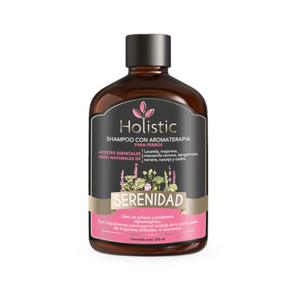 Frasco del Shampoo Holistic Serenidad para perros, con aceites esenciales calmantes de lavanda y manzanilla