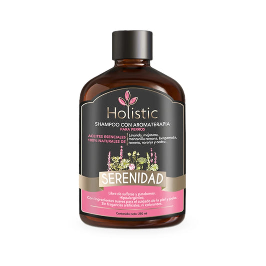 Frasco del Shampoo Holistic Serenidad para perros, con aceites esenciales calmantes de lavanda y manzanilla