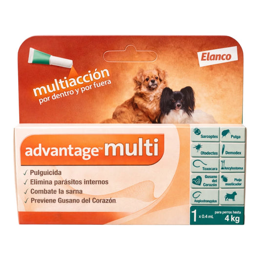 Caja de Advantage Multi para perros de hasta 4 kg, tratamiento spot-on contra parásitos internos y externos. Imagen mejorada con IA.