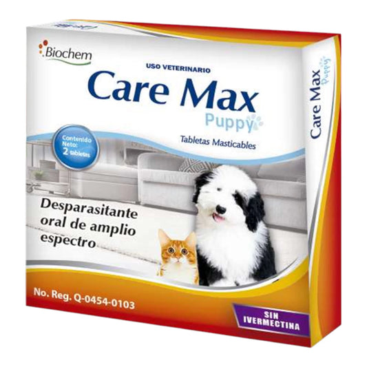 Caja de Care Max Puppy desparasitante oral de amplio espectro con 2 tabletas masticables para cachorros y gatitos menores a 6 semanas.