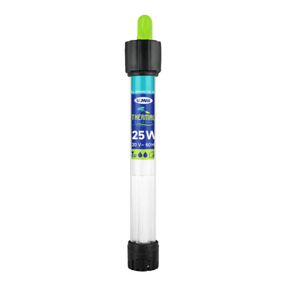 Calentador sumergible Thermal Balance de vidrio con termostato ajustable y escala de temperatura para control preciso en acuarios.
