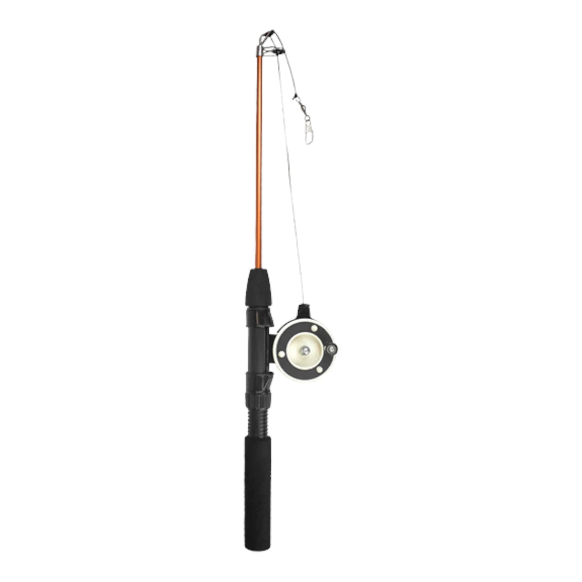Caña de pescar para gato con mango de espuma negra, vara flexible y carrete decorativo con gancho para colgar juguetes.
