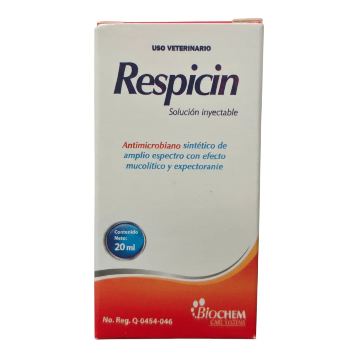 Caja de Respicin solución inyectable de amplio espectro para uso veterinario en bovinos y porcinos, indicado para tratar neumonía y problemas respiratorios.