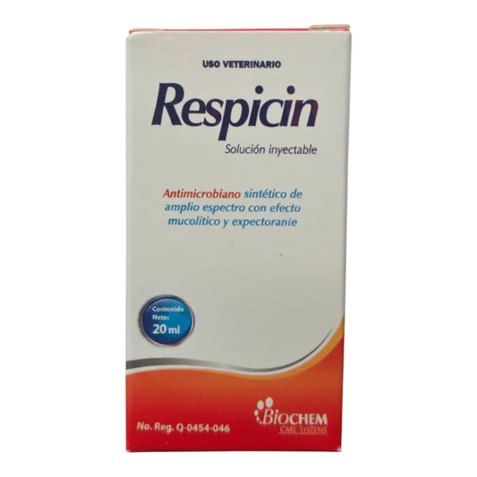 Caja de Respicin solución inyectable de amplio espectro para uso veterinario en bovinos y porcinos, indicado para tratar neumonía y problemas respiratorios.