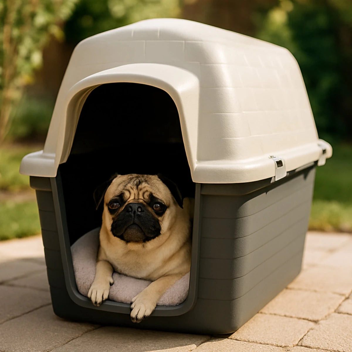 Pug descansando dentro de una casa tipo iglu para perros pequeños, colocada en un patio con cama interior