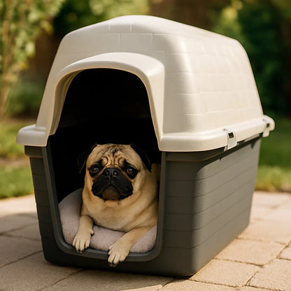 Pug descansando dentro de una casa tipo iglu para perros pequeños, colocada en un patio con cama interior