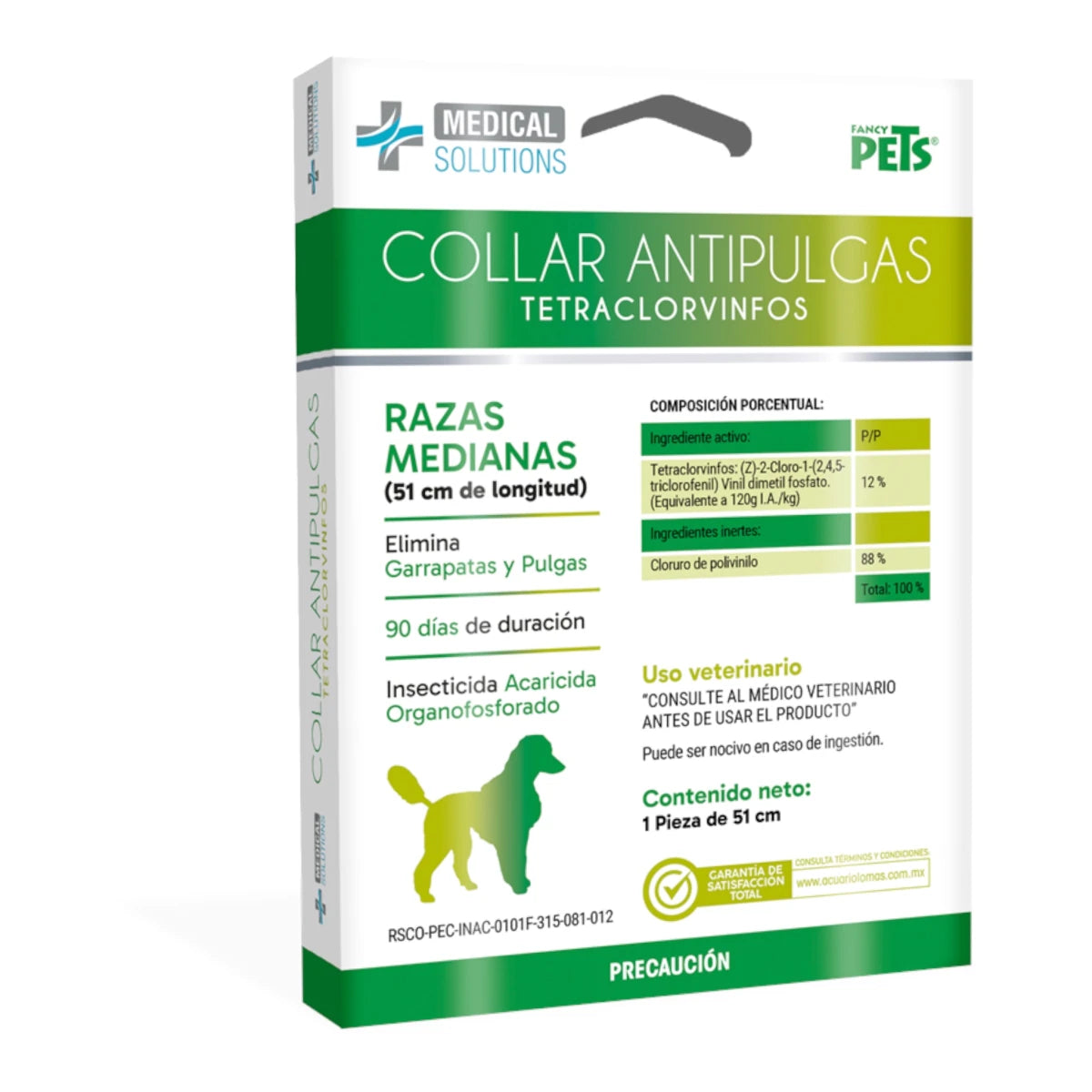 Presentación de collar antipulgas para perros de razas medianas de 51 cm, eficaz contra pulgas y garrapatas y resistente al agua.