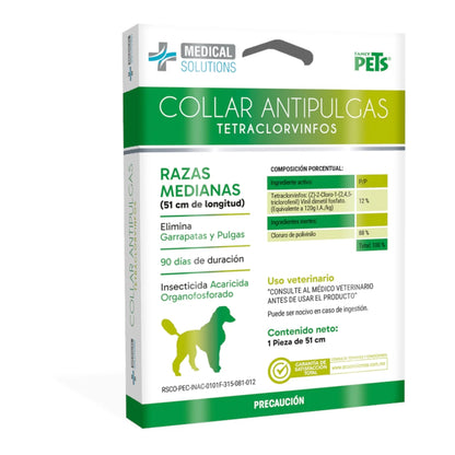 Presentación de collar antipulgas para perros de razas medianas de 51 cm, eficaz contra pulgas y garrapatas y resistente al agua.