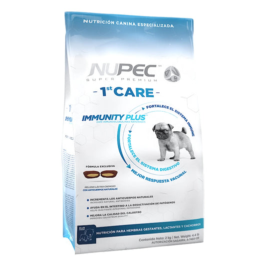Empaque de Nupec First Care alimento para cachorros de 0 a 6 meses que ayuda a fortalecer el sistema inmune y las defensas naturales
