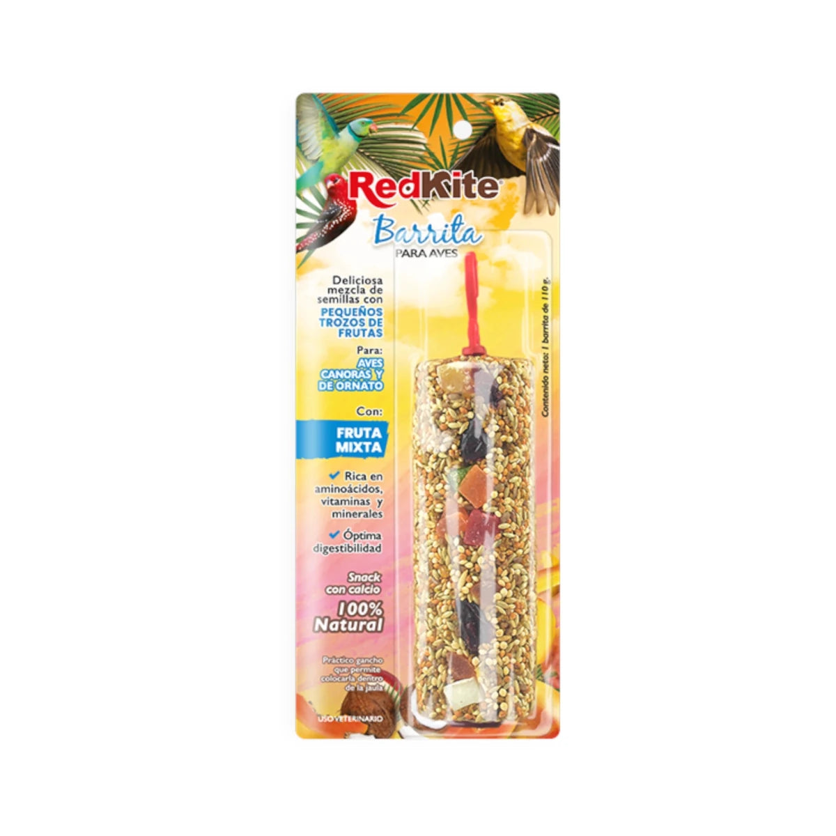 Empaque de barrita RedKite con semillas y fruta mixta para periquitos, canarios y aves pequeñas.