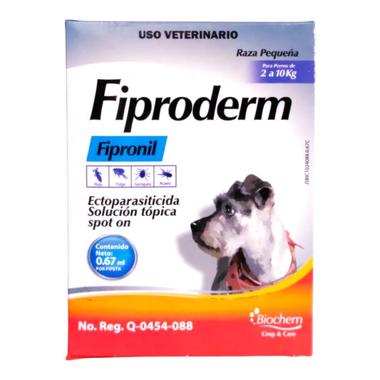 Pipeta Fiproderm 0.67 ml de Biochem para perros de 2 a 10 kg, solución tópica con fipronil que elimina pulgas, garrapatas, ácaros y piojos