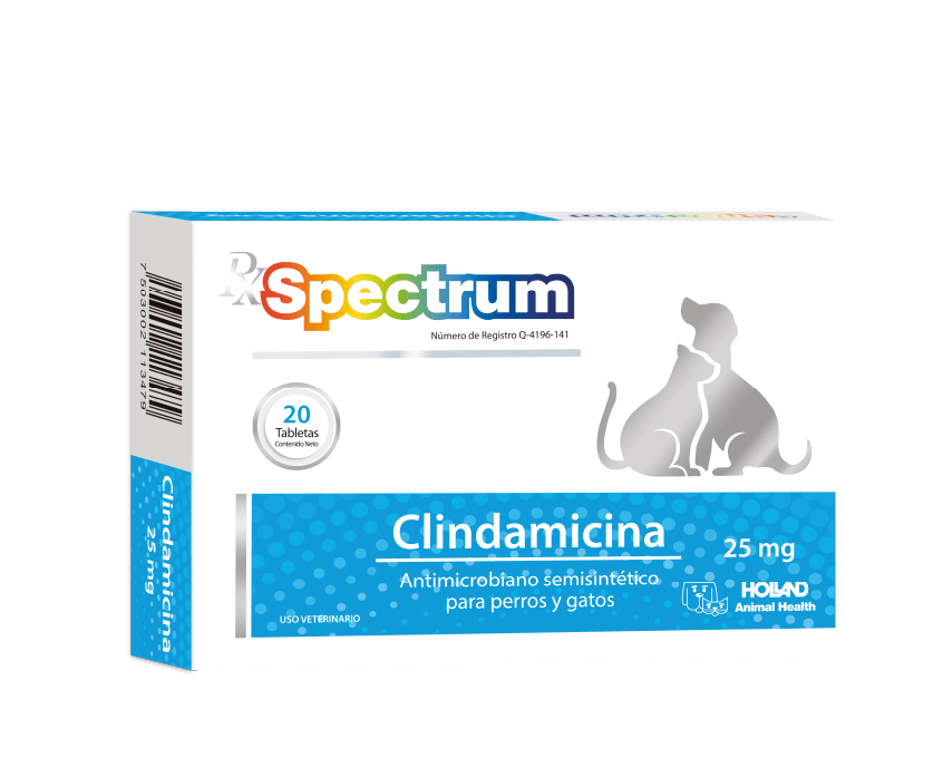 Caja de RxSpectrm Clindamicina 25mg con 20 tabletas, antibiótico oral para perros y gatos