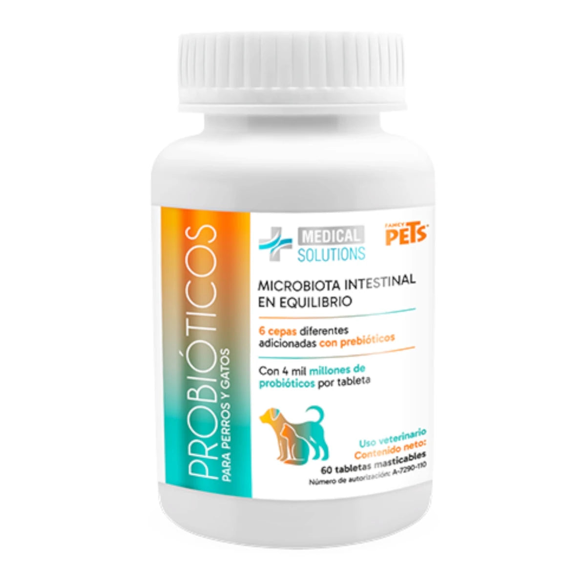 asco de 60 tabletas masticables de probióticos para perros y gatos Medical Solutions, ayuda al equilibrio de la microbiota intestinal.