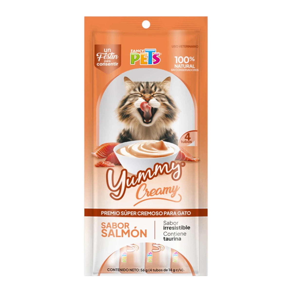 Sobre de premio Yummi Creamy sabor salmón para gatos, con 4 tubos de 14g