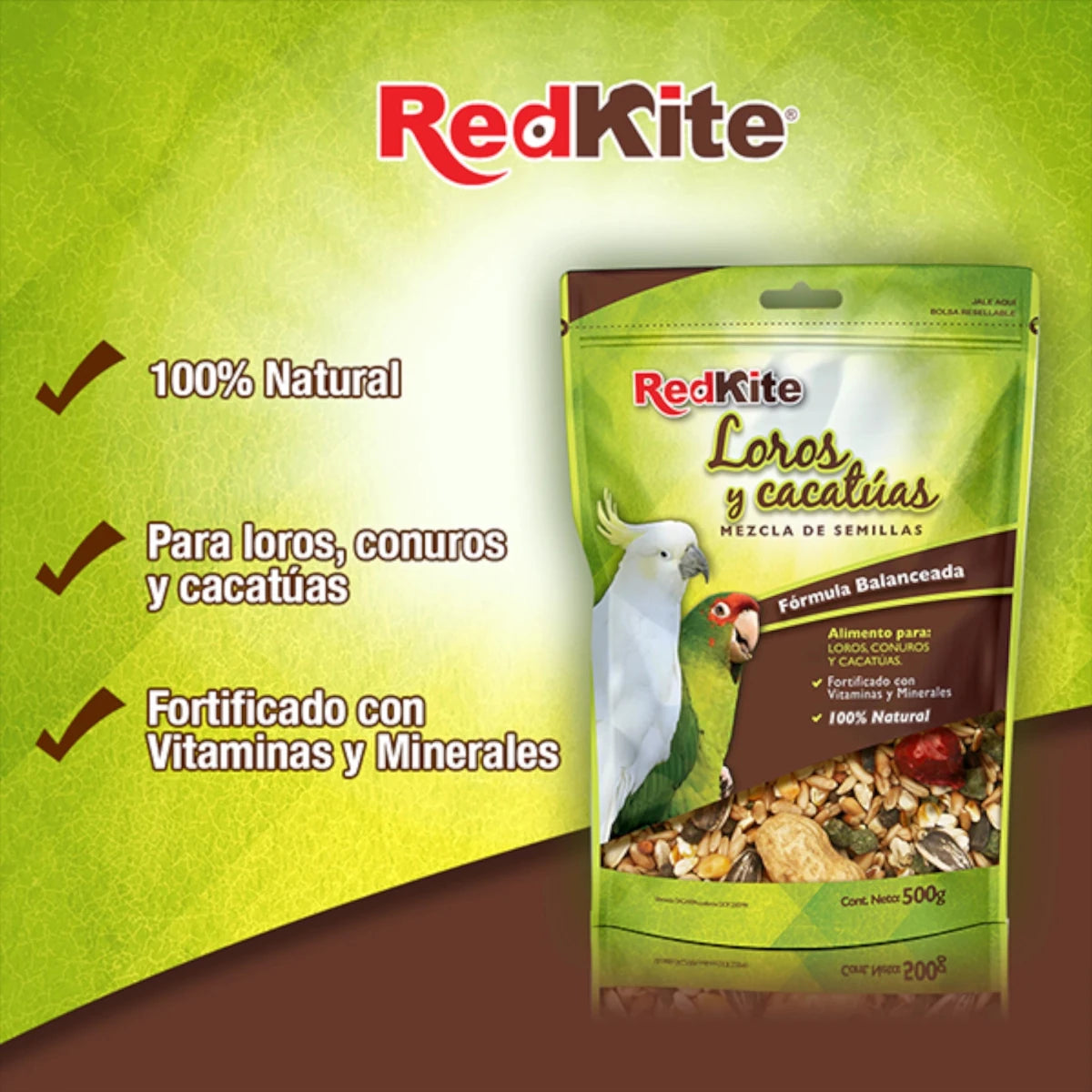 Mezcla de semillas RedKite para loros y cacatúas con beneficios destacados: 100% natural y fortificada con vitaminas y minerales.