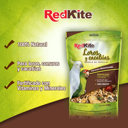 Mezcla de semillas RedKite para loros y cacatúas con beneficios destacados: 100% natural y fortificada con vitaminas y minerales.