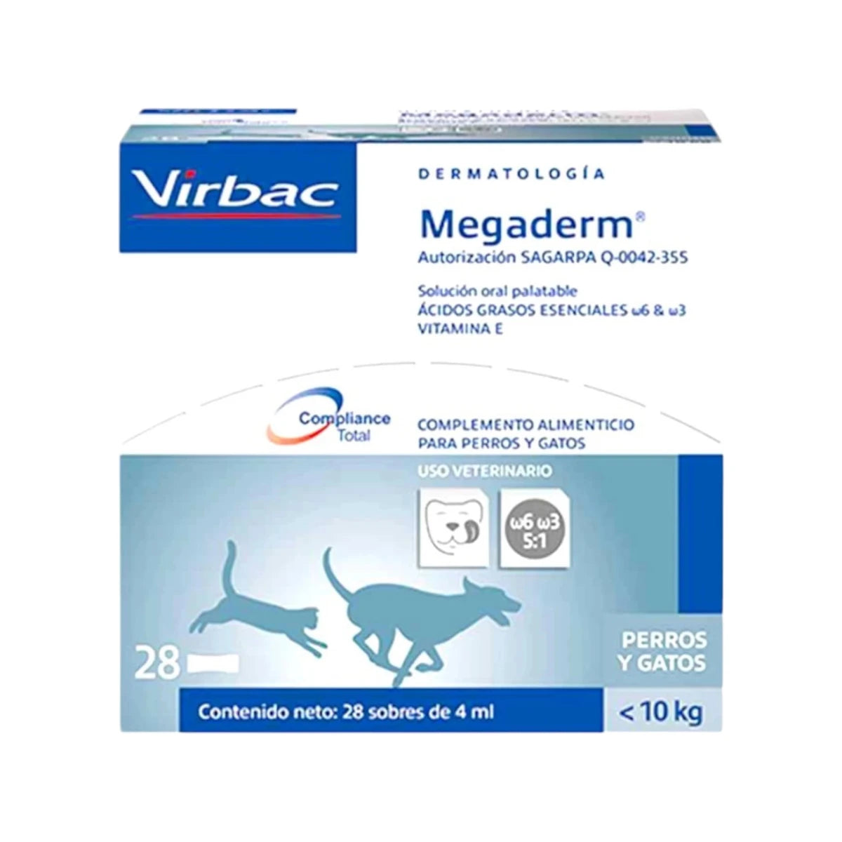 Megaderm  caja con 288 sobres de omega 3 y 6 para piel saludable y pelaje brillante en perros y gatos