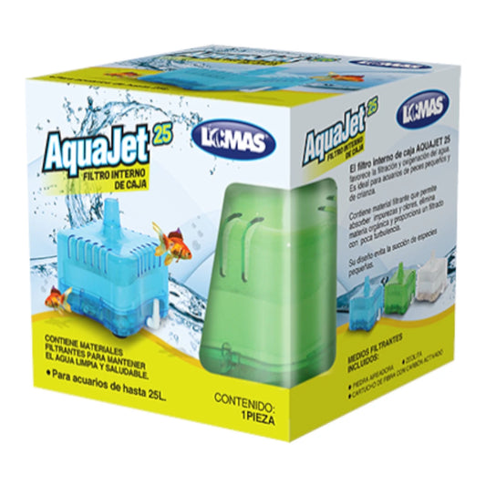 Empaque del filtro interno de caja AquaJet 25 en color verde, destacando que incluye materiales filtrantes como fibra, carbón activado y zeolita