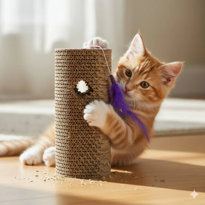 Gatito naranja jugando en el piso con el rascador de cilindro de cartón, usando sus garras en la textura corrugada y atrapando la pluma morada.