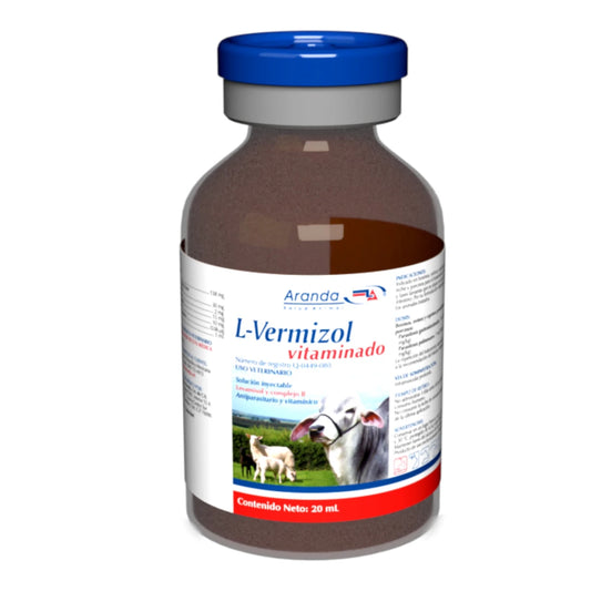 Imagen del frasco de L-Vermizol Vitaminado 20 ml, ideal para bovinos y porcinos con fórmula antiparasitaria