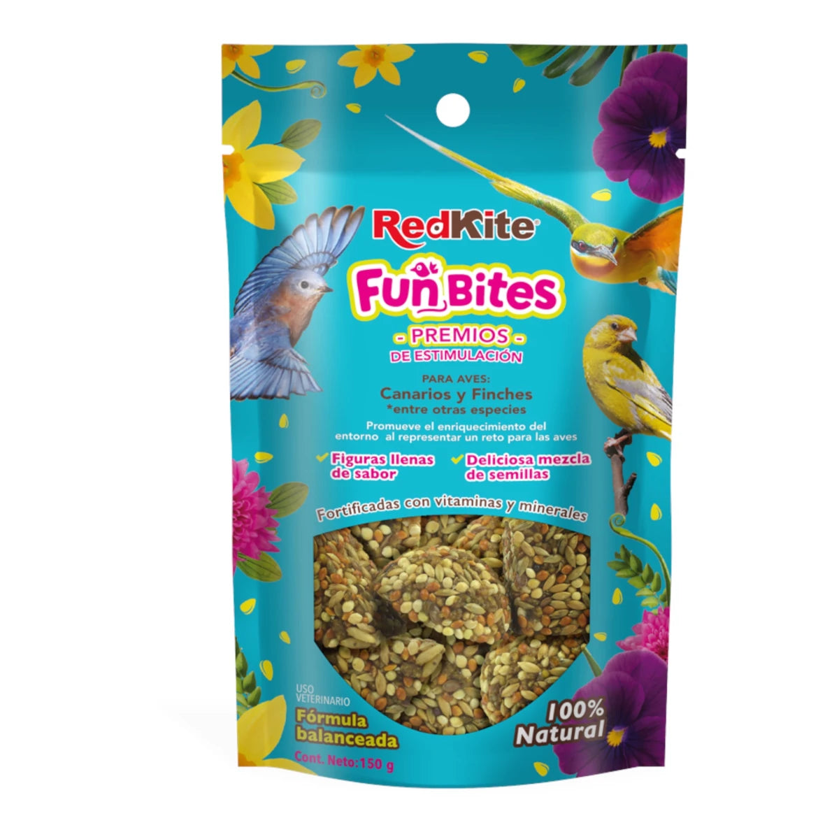 Snack FunBites para canarios y finches en empaque RedKite con mezcla de semillas para aves granívoras