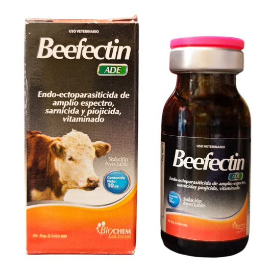 Caja de Beefectin ADE, solución inyectable con ivermectina y vitaminas para el control de parásitos en vacas y ovejas.
