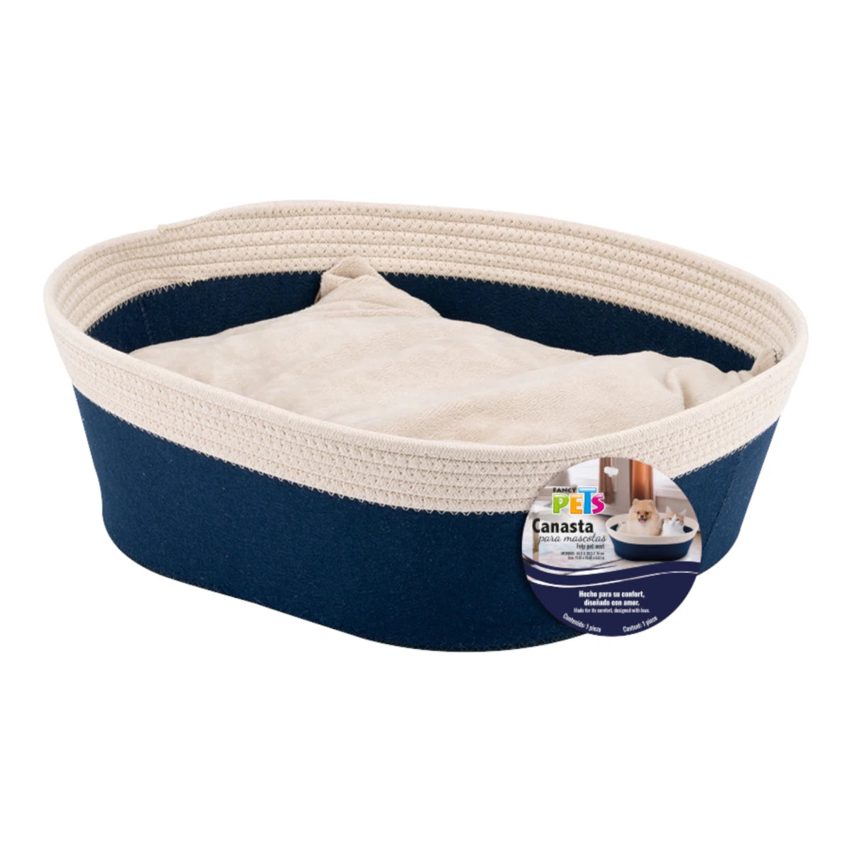 Cama para perro o gato color azul navy con acabado de cuerda tejida en el borde superior y base de felpa suave.