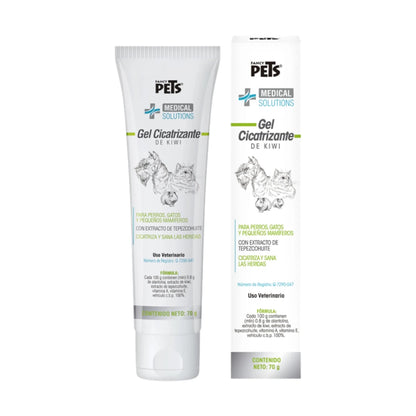 Gel Cicatrizante de Kiwi Fancy Pets en presentación de 70 g con caja y tubo, fórmula con tepezcohuite, kiwi y vitaminas para perros, gatos y pequeños mamíferos.