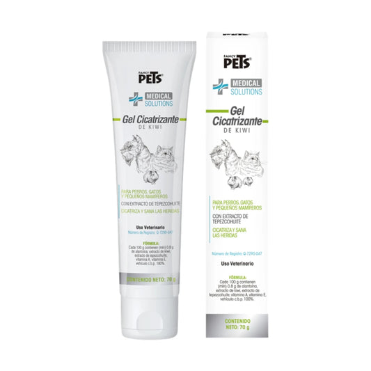 Gel Cicatrizante de Kiwi Fancy Pets en presentación de 70 g con caja y tubo, fórmula con tepezcohuite, kiwi y vitaminas para perros, gatos y pequeños mamíferos.