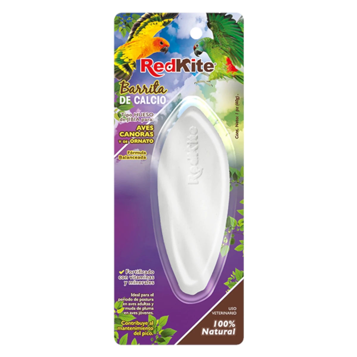 Barrita de calcio tipo hueso de jibia RedKite para aves, ideal para fortalecer el pico y aportar minerales.