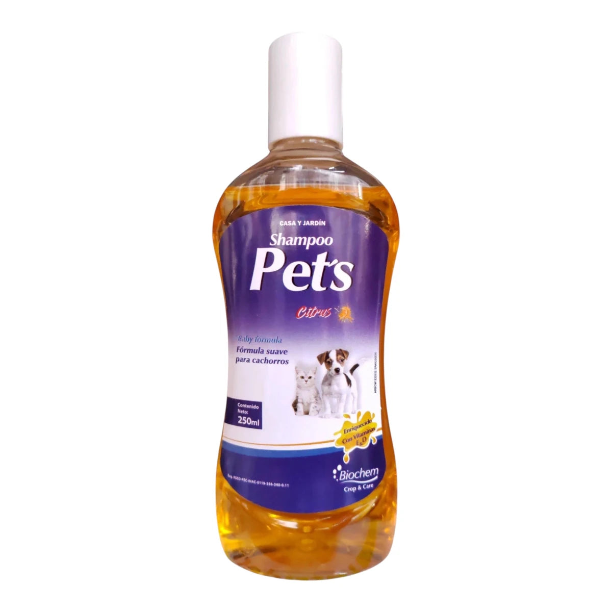 Envase del Shampoo Pets Citrus para cachorros con deltametrina, ideal para eliminar pulgas y cuidar su piel