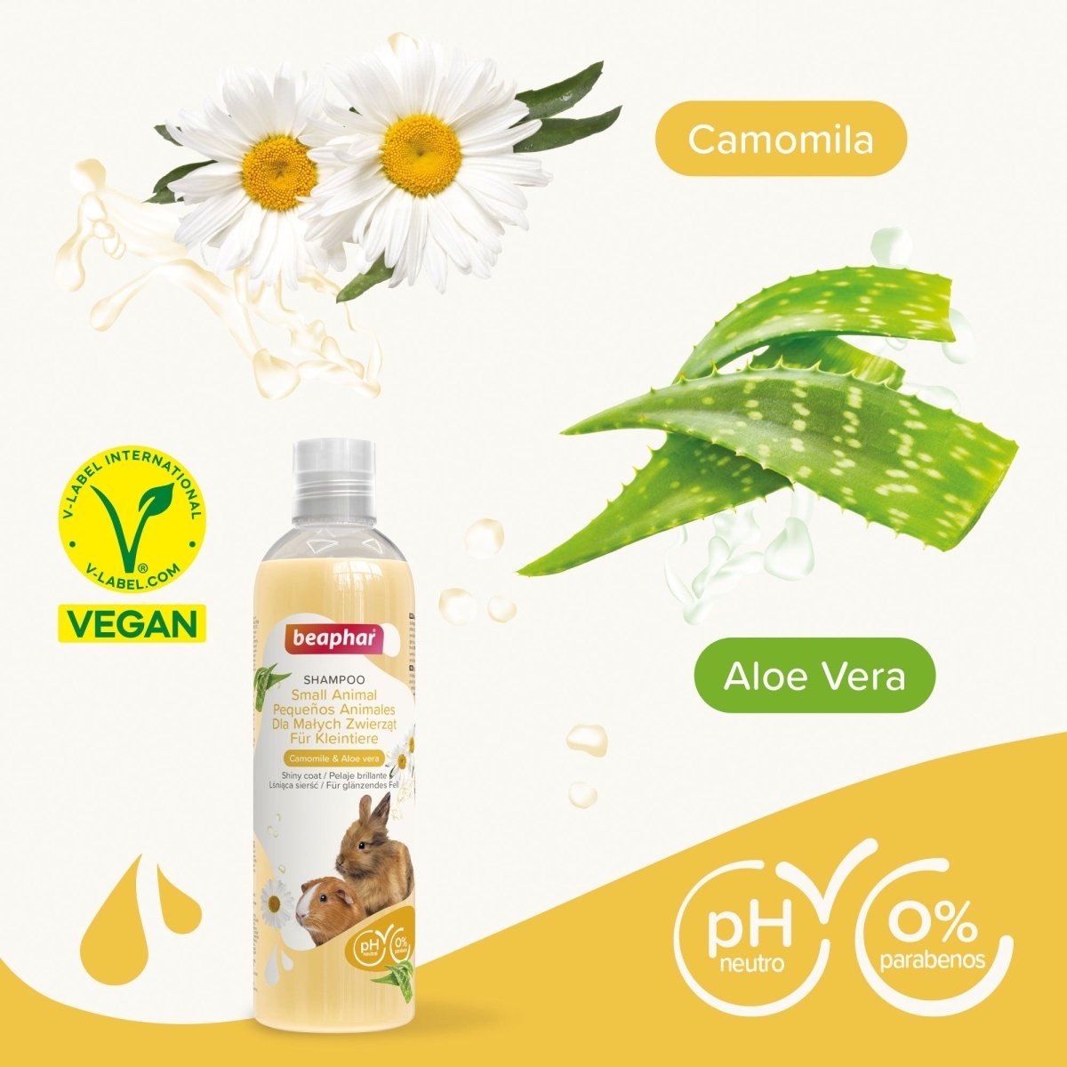 Imagen del shampoo con aloe vera, flores de manzanilla y sello vegano, ideal para pequeños mamíferos.
