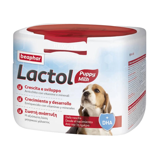 Envase de leche en polvo Beaphar Lactol para cachorros, ideal como sustituto desde el nacimiento. Fortificada con DHA, vitaminas y minerales para el crecimiento y desarrollo de los perritos.