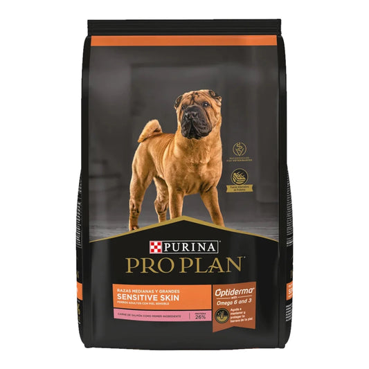 Empaque de alimento seco Pro Plan Adulto Sensitive Skin con tecnología Optiderma sabor salmón para perros de piel sensible.