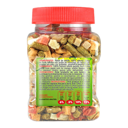 Mezcla de pellets de alfalfa, zanahoria deshidratada y frutas para cuyos, conejos y chinchillas, sin conservadores ni colorantes.
