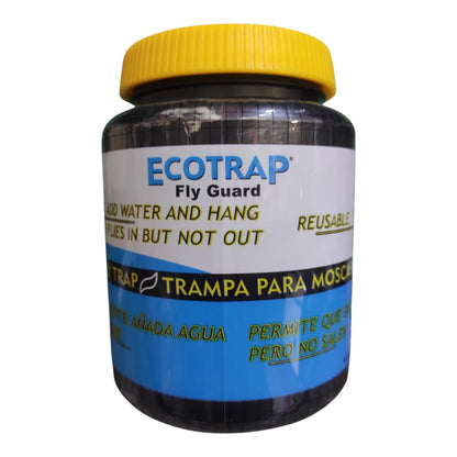 Envase de la trampa Ecotrap para moscas, contenedor reusable que se activa con agua para atrapar moscas en corrales y granjas.