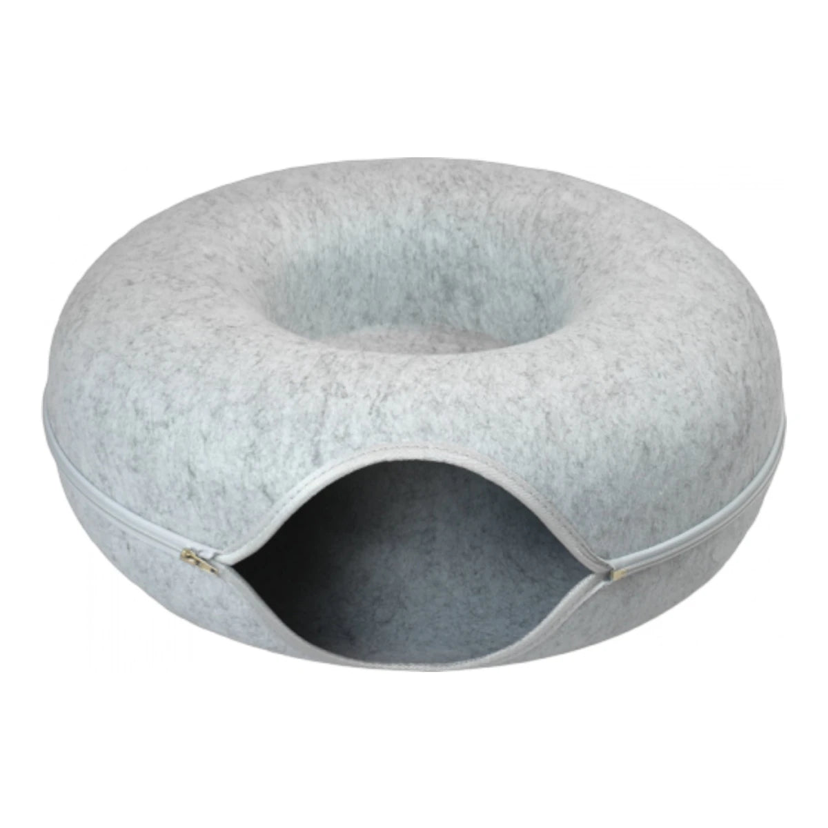 cueva donut de fieltro gris perla para gatos con entrada frontal