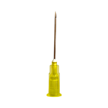 Aguja Hipodérmica veterinaria 20G x 1” de acero inoxidable con cono amarillo para perros medianos y ovejas