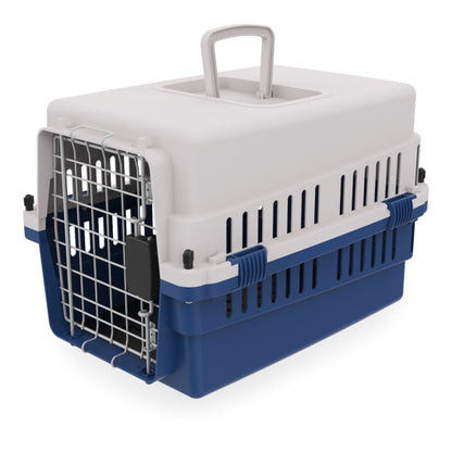 Transportadora azul marino para perros y gatos de hasta 7 kg, con medidas de 50 x 35 x 32 cm