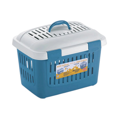 Transportadora MIDI Gulliver azul con tapa blanca y asa superior, ventilada y segura para aves, roedores y gatos pequeños.