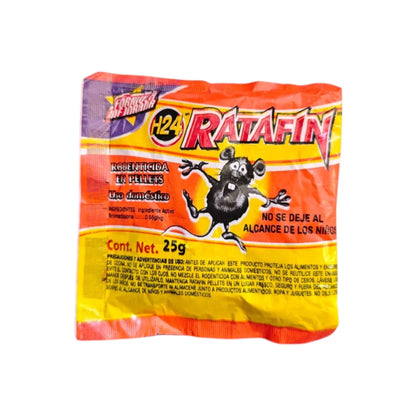 Sobre de 25g de Ratafin en pellets con bromadiolona 0.05g/kg para control de roedores en el hogar