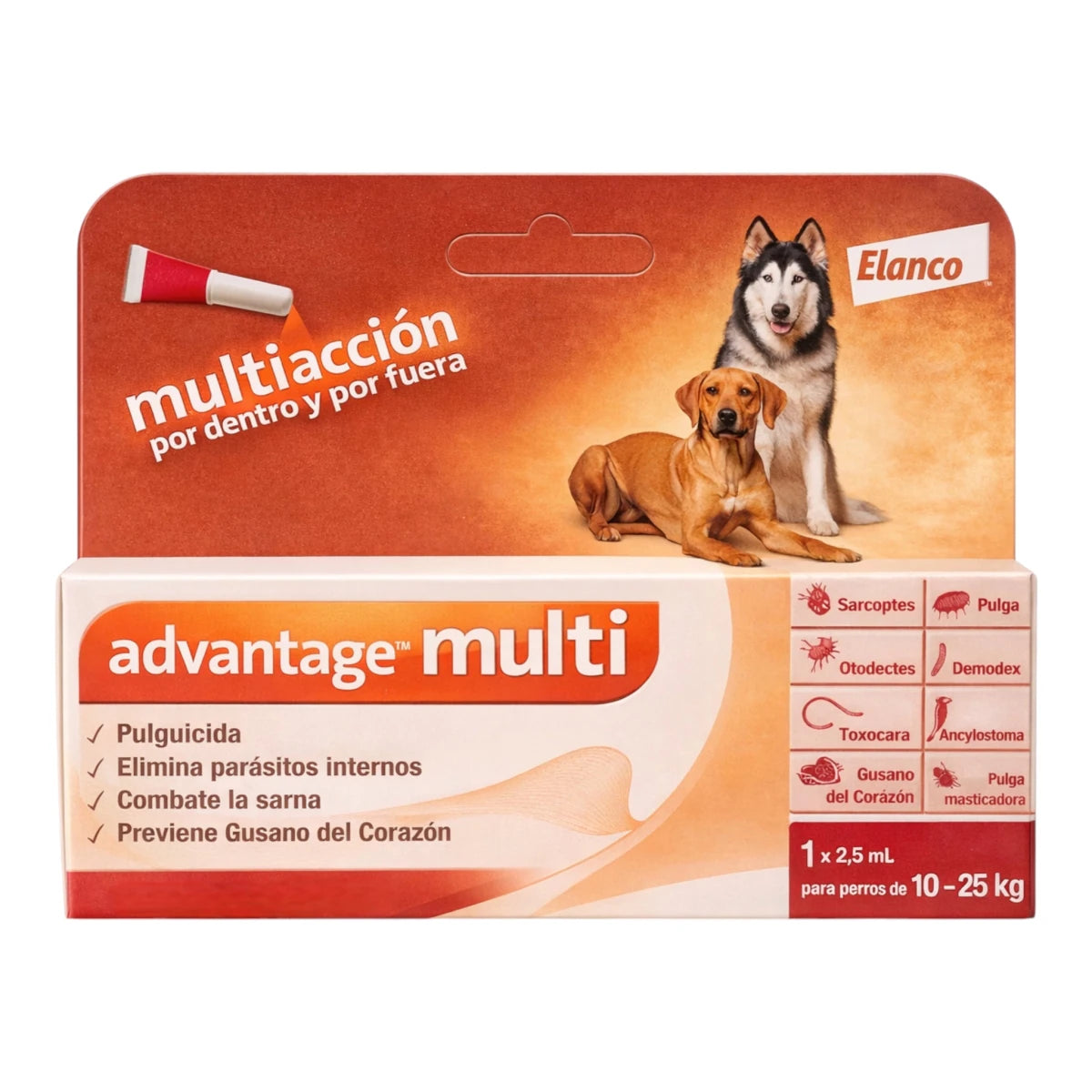 Caja de Advantage Multi para perros de 10 a 25 kg, pipeta desparasitante de amplio espectro.Imagen mejorada con IA.