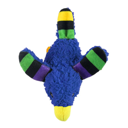 Vista superior del loro azul de peluche resaltando sus materiales duraderos y el sistema de sonido interno para gatos.