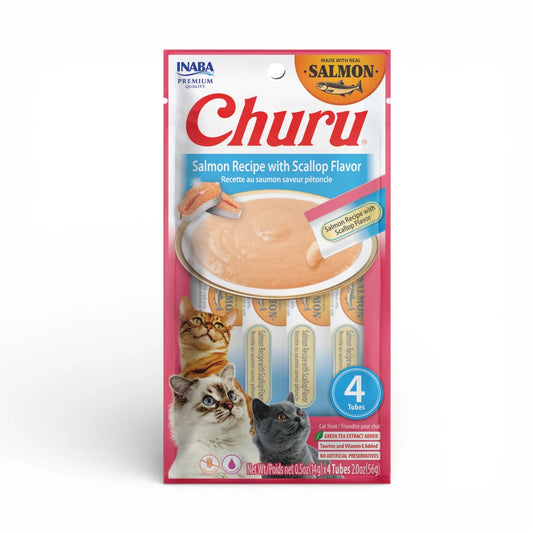 Empaque de Churu sabor Salmón con Vieiras que contiene 4 tubitos cremosos, libre de granos y con 91 por ciento de humedad para gatos.