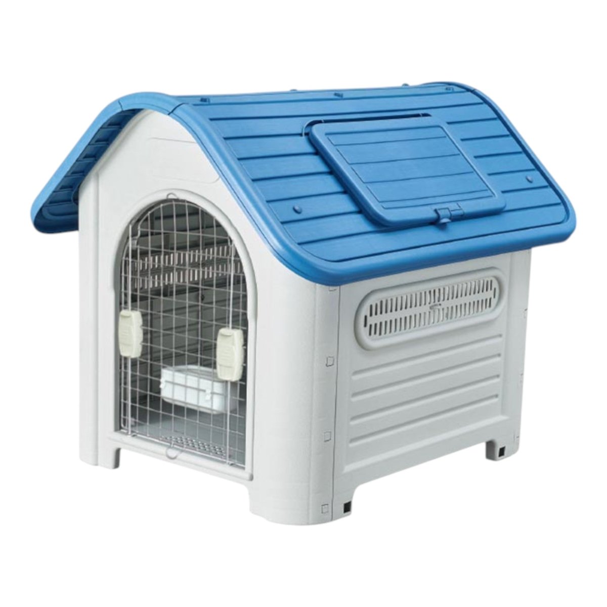 Casa para perro grande, color azul con base elevada, ventilación, puerta desmontable y ventana en el techo.
