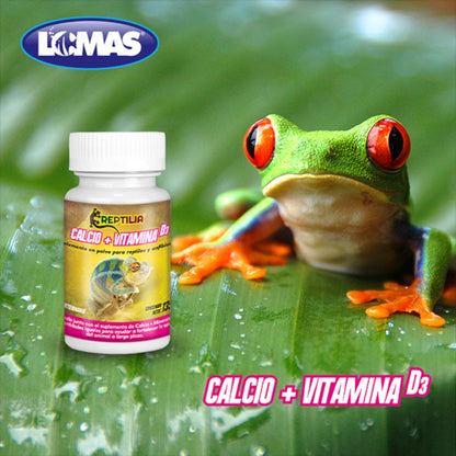 suplemento de calcio con vitamina d3 para reptiles y anfibios junto a una rana de ojos rojos sobre una hoja verde